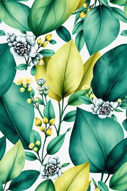 Watercolor big sage vibrant dark green, big golden and teal, large botanical illustrations, gray decorative elements, green leaves vivid colors, ultra fine seamless pattern on white background