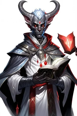 En Young male black skin tiefling Wizard fra dnd holding a book with Arcane Magic in a silver and White Rope and a silver cloak. His horn a perfectly place on acet from the front to the back pointing upwards with glowing Red cat Eyes. His close is elegant get simple. Holding an ice Crystal in his Right Hand