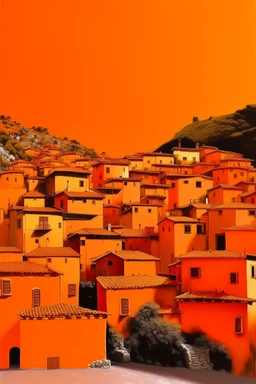 An orange colored town with battery-shaped buildings painted by Gustave Courbet