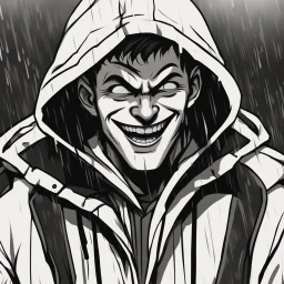 a closeup of a psychopathic young man with white eyes in a heavy coat and hood during a rainstorm laughing cartoon