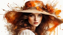 Vintage art, brown and orange shades, sunny day, straw hat for woman, summer dress, splashes of art, in the style of Dante Gabriel Rossetti, Yossi Kotler, Camilla D'Errico, masterpiece, fine art in the style of Carne Griffiths, Paula Hoppe