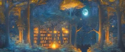 library in forest with fireflies and orange mystic lights around trees that have wide leaves and broad trunked. Night with moon light.