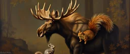 master oil painting by Rembrandt, moose squirrel
