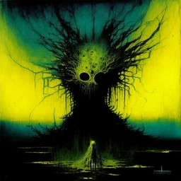 Manifestation of the Alone Phobia, nightbreed cabal, abstract nightmare art, by Graham Sutherland and Duy Huynh and Beksinski, mind-bending color ink illustration; album cover art, dynamic composition, sinister oddball masterpiece, dynamic composition, complex contrast