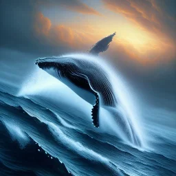 beautiful humpback whale jumping out of turbulent ocean water, stunning, magnificant, sunset sky, 8k resolution, high-quality, fine-detail, detailed matte, illustration, digital art, brian froud, howard lyon, greg rutowski, Life of Pi