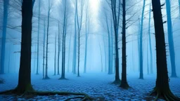 A cyan forest covered in fog designed in German folk art