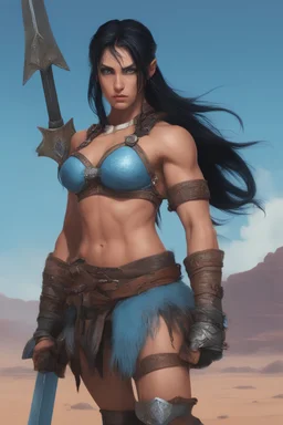 female Barbarian, Black Sonja, Long, pitch-black hair, two ponytails, bangs cut straight across forehead, blue eyes, sky blue stained wall in the background, dressed as a female barbarian, extremely muscular chest, carrying a long broadsword in her right hand, the stygian desert of Mars