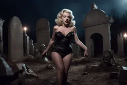 a 1950 monster movie scene, MarilynMonroe in agent provocateur, attacked by a horrible zombie-monster in the night, graveyard, cinematic lighting, DOF, 16k