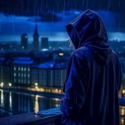 girl in a raincoat, watching the empty city, at midnight, dark grey colours, rainy, atmospheric, photo quality