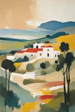 an abstract painting of an idyllic 16th century Spanish villa set amidst rolling hills and ancient olive groves , in the imagery-stain painting style of Helen Frankenthaler and Jean-Michel Basquiat muted natural colors, museum quality masterpiece