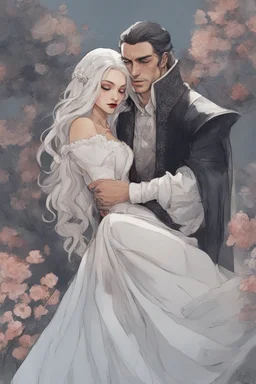 Strahd Von Zarovich being kissed by a beautiful woman with white hair, wearing an off the shoulder dress. Settling and background are a lavish toomb with an ebony coffin.