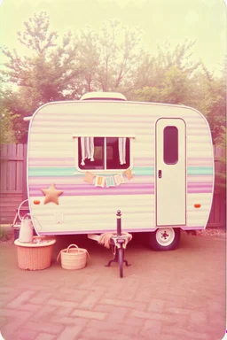 Vintage polaroid of boho caravan,purple