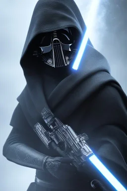 All Black Anakin Skywalker soldier, ghost, wearing high tech mask, white smoke, dark, rage, sorrow, high definition, ultra 8 k, volumetric lighting, blue fire, fog red