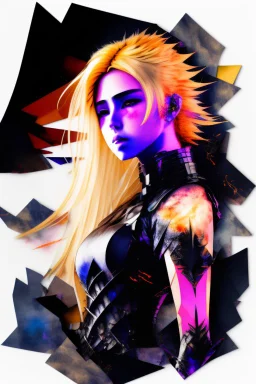 Explosive abstract collage style image of a beautiful anime warrior girl, beautiful blond hair and features, dramatic, pieces of cloth material, textured moon in background, bob wire, gothic surroundings, textures