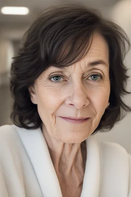 A selfie of a brunette woman, middle short hair taken at spa salon. showing attractive 67-year-old European woman. (She has white skin, tousled black hair, pretty face without makeup, big round brown eyes, cute profiled nose, detailed full lips, skin texture.)