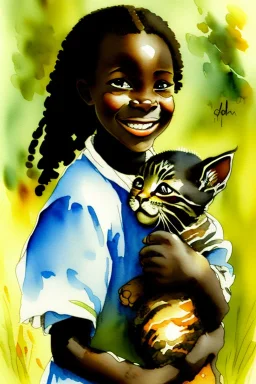 A cute smiling african girl is holding a kitten. Watercolour