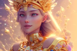 very beautiful crystal and gold goddess in a galactic ambiance, nice smiling, transparent petals, delicate colors, full of details, smooth, bright sunshine，soft light atmosphere, light effect，vaporwave colorful, concept art, smooth, extremely sharp detail, finely tuned detail, ultra high definition, 8 k, unreal engine 5, ultra sharp focus