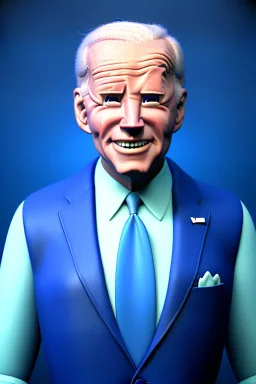 Waist up Portrait, joe Biden as muppet doll, Blue suit retro style, photo studio, blue background, unreal engine 5, concept art, art station, god lights, ray tracing, RTX, lumen lighting, ultra detail, volumetric lighting, 3d.