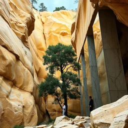 Un'immagine di un paesaggio naturale con marmi gialli striati, imponenti, accanto a strutture artificiali verticali. Queste strutture sembrano blocchi rettangolari riflettenti, come colonne di vetro, che creano un contrasto tra il naturale e l'artificiale. Alberi. Strapiombo, precipizio. Pareti di vetro con venature. Persona osserva. La scena trasmette un senso di dialogo tra elementi organici. Dettagli degli specchi e delle rocce molto accentuati