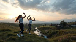 a group of young ladies in sports pants and blouse are dancing to camera in village over high grassy hills,a small fall and river and wild flowers at river sides, trees houses ,cloudy sun set sky