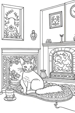 create a coloring page that Illustrate a cat comfortably by a fireplace, with stockings hung on the mantle and snow falling outside the window. full image.