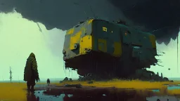 Science fiction painting, Denis Sarazhin Simon Stålenhag, Goro Fujita Nicolas Bruno, sinister skies, harsh survivalism, Peter Sallesen, Hamish Frater, ominous vibes