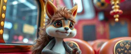 close up portrait of hairy fluffy polymer clay cute female happy worried banana squirrel monster with realistic human colored and textured skin, and long sleek limbs and with studio lights, on a luxury ornate neon buss, talking to his aunt