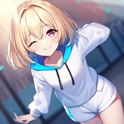 Clear focus, High resolution, short blonde hair, pink eyes, wearing a light blue and white oversized hoodie, wearing white shorts, hair between eyes, smiling, eyes closed