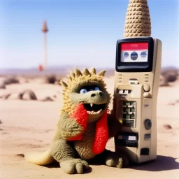 Godzilla as a baby muppet kawaii calling phone using a cellphone nokia, desert egypt studio photo. Magazine 1980