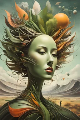 an abstract portrait of her subconscious yearning to be as free as the wind , neo surrealism, biomorphic , striking, atmospheric, dreamlike, enigmatic, in the style of Yves Tanguy , Kay Sage, and Joan Miro, in soft, rich plant based organic colors, hyper detailed , cinegraphic realism, 4k