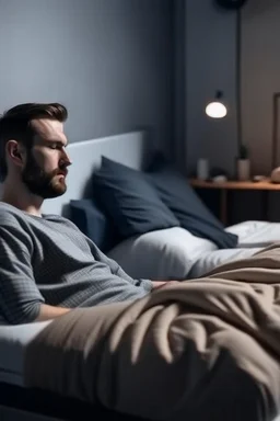 sitting next to a man, that is sleeping on a bed