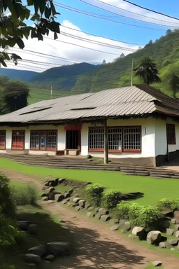 sekolah yang bertuliskan SMP Muhmmadiyah 2 sirampog didaerah pegunungan indonesia