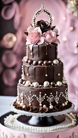 stunning chocolate wedding cacke with black chocolate and pale pink decorations and white pearls, high realistic, high detalied, sharp focus, dynamic lighting, stunning, blur background with pale light