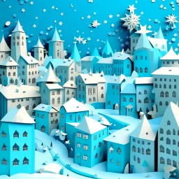 A cyan city in winter season with falling snowflakes designed in Japanese origami painted by John Singer Sargent