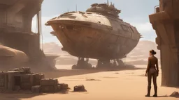 Concept art. Medium shot. skinny 50-year-old woman in brown shorts, shirt, and boots, standing next to a Star Wars cargo ship, sitting in a derelict alien town. Best quality.