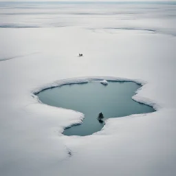 A captivating hyper minimalist photograph from a helicopter of a barren snow-covered lake, in the far distance is a man sitting in a chair ice fishing. The overall color palette is muted, the flat treeless landscape stretches out in a long shot, creating a sense of isolation and desolation