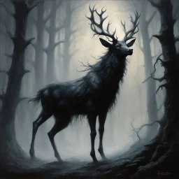 fine matte oil painting, dark gothic fantasy, dramatic, unsettling levitating mythical ethereal dark elf-stag hybrid in a dark misty primordial forest, disturbing, moody, malevolence and grace, intricately detailed, complex contrast, dynamic composition; cinematic lighting; extravagantly composed masterpiece, grand, by Frank Frazetta and Julie Bell