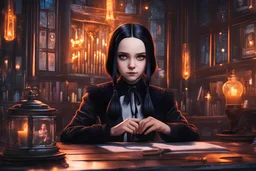 wednesday addams in 8k realistic anime drawing style, Addams family them, neon effect, close picture, rain, highly detailed, high details, detailed portrait, masterpiece,ultra detailed, ultra quality