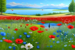 a field of cornflowers and poppies and daisies, a blue sky, bees, butterflies and in the distance flowering trees. In the distance we see a lake and hills. Good definitions, lots of delicate details