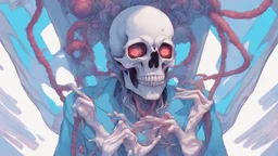 a close up of a person with a skull on their head, blue and white colors, anime skull portrait man, scary detailed art in color, hiroyuki-mitsume takahashi, nychos art aesthetic, half man half skeleton, anime cyberpunk art, colored manga art, rossdraws pastel vibrant, hot colors. insanely detailed, beautiful anime portrait, stunning anime face portrait, scary art in color