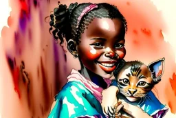 A cute smiling African girl is holding a kitten. Watercolour