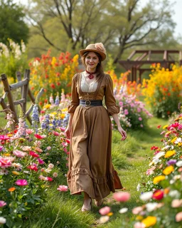 create a video , in a pretty nature of conuntry side a big mas of ramdom pretty flowers fall down and a beautiful lady in victorian clothing comes out and walks with cute in the flowers garde
