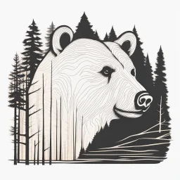 M shaped bear head combined with woods silhouette in backround, letterpress style, minimalistic pencil art