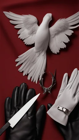 White clipped wings on a red fabric, next to scissors and black leather gloves. Cinematic image