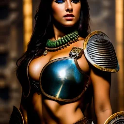 portrait oil on canvas of beautiful busty Female Warrior,ancient metal armor, cinematic composition, extreme detail,8k,fit full head inside picture,