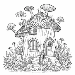 A fairy house Marvelous RAIN Refuge, coloring page, exact shape, real image, minimal lines, white back ground color, real style, realistic, minimalistic, minimal black line art, line art, crisp line art, unique coloring sheet, outlined, outline, crisp, crisp line edges, illustration, thin lines, crisp clear lines, line art, clean line art, unique, 8k, no colors, no dark color, no black color, avoid thick black, minimalistic line edges, white back ground,