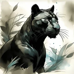 sketch of black panther, art deco, realistic textures, soft, romantic, whimsical, vintage, very loose ink and soft watercolor washes