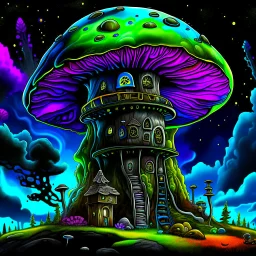 A fantabulous black, green, and blue (((mushroom tower house))) erected atop a (geologic pillar), surrounded by the uncanny imaginative ((( swirling skies))), offset by the stark hues of a (neon-tinged nebulous space scape), within. captured by the hand a skilled master painter with a focus on (softly blurred compositions and voluminous lighting).