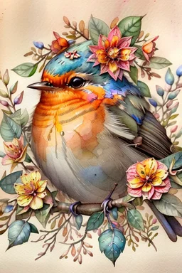 This enchanting, extremely detailed watercolor features a 3/4 closeup portrait of a vibrant Robin, adorned with flowers and a foliage crown, setting on a branch against a heavily textured beige background. nature and whimsy in a botanical style. The piece boasts warm orange and cool blue hues. .