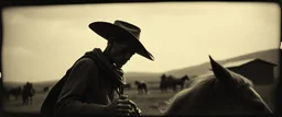 STYLE: gritty 19th-century gothic photography, Zdzisław Beksiński surrealism, Caravaggio chiaroscuro, tactile analog grain, pinhole-camera softness, heavy vignetting, scratched emulsion, rugged irregular photo border. SCENE: alien cowboy, completely absorbed in the mundane task.